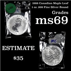 1988 Canadian Maple Leaf 1 oz .999 fine silver round ms69