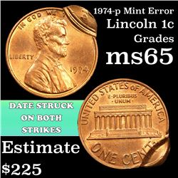 1974-p Mint Error 'Double struck w/brokage' Lincoln Cent 1c Grades GEM Unc RD