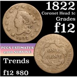 1822 Coronet Head Large Cent 1c Grades f, fine