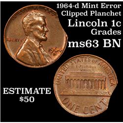 1964-d Mint Error 'Clipped Planchet' Lincoln Cent 1c Grades Select Unc BN