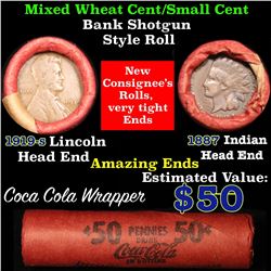 Mixed small cents 1c orig shotgun roll, 1919-s one end, 1887 Indian cent other end