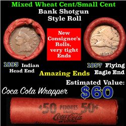 Mixed small cents 1c orig shotgun roll, 1893 Indian on one end, 1857 Flying Eagle other end