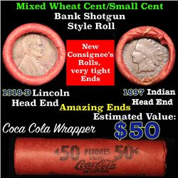 Mixed small cents 1c orig shotgun roll, 1918-d one end, 1897 Indian cent other end