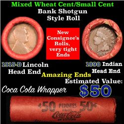 Mixed small cents 1c orig shotgun roll, 1915-d one end, 1898 Indian cent other end
