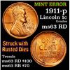 Image 1 : 1911-p Mint Error, struck with rusted dies Lincoln Cent 1c Grades Select Unc RD