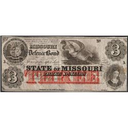 1860's $3 State of Missouri Defence Bond Obsolete Currency Note