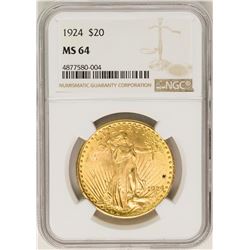 1924 $20 St. Gaudens Double Eagle Gold Coin NGC MS64