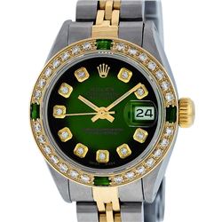 Rolex Ladies Two Tone Green Vignette Diamond Datejust Wristwatch