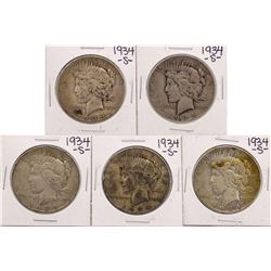 Lot of (5) 1934-S $1 Peace Silver Dollar Coins