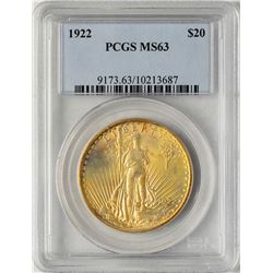 1922 $20 St. Gaudens Double Eagle Gold Coin PCGS MS63