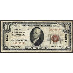 1929 $10 National Currency Note Bishop NB of Honolulu, HI CH# 5550