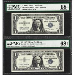 Lot of (2) Consec. 1957 $1 Silver Certificate Notes PMG Superb Gem Unc 68PPQ