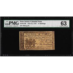 June 22, 1756 New Jersey 12 Shillings Colonial Currency Note PMG Choice Unc. 63