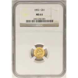 1853 $1 Liberty Head Gold Dollar Coin NGC MS61