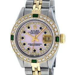 Rolex Ladies Two Tone 14K Pink MOP Diamond Sapphire & Emerald Datejust Wriswatch