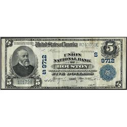 1902 $5 Union NB of Houston, TX CH# 9712 National Currency Note