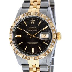 Rolex Mens Two Tone 14K Black Index Pyramid Diamond Bezel Datejust Wristwatch