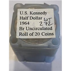 Brilliant Uncirculated Roll of 20 Total 1964 Kennedy Silver Half Dollars