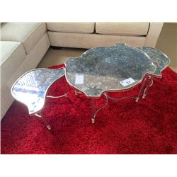 NICKEL & ANTIQUE GLASS 3 PIECE NESTING TABLE SET