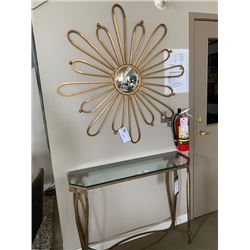 SHERRILL METAL & GLASS FRENCH STYLE CONSOLE TABLE WITH WALL DECOR