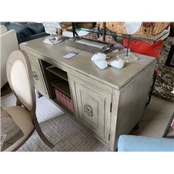 HOOKER GREY WASHED WOOD 2 DOOR ENTERTAINMENT CONSOLE WITH DECOR ITEMS