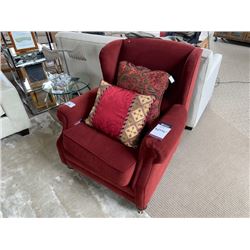 WINE FABRIC WING BACK ARM CHAIR WITH THROW PILLOWS