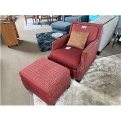 BERNHARDT RED PATTERNED FABRIC STUDDED ARM CHAIR & OTTOMAN WITH THROW PILLOW