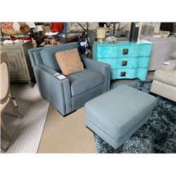 NORWALK CUSTOM BLUE FABRIC STUDDED ARM CHAIR & OTTOMAN WITH THROW PILLOW