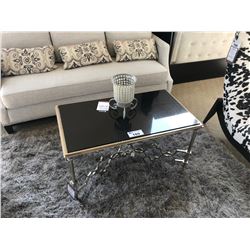 QUATTRE CHROME & BLACK GRANITE COCKTAIL TABLE, END TABLE, 2 HEAD TABLE LAMP WITH DECOR ITEM