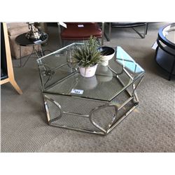 CHROME & GLASS 40" HEXAGON COCKTAIL TABLE WITH DECOR ITEMS