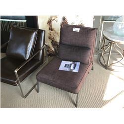 BROWN FABRIC & METAL ARMLESS OCCASIONAL CHAIR