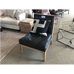 BLACK LEATHER & WOOD ARMLESS OCCASIONAL CHAIR