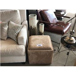 BEIGE MICRO FIBER STORAGE OTTOMAN WITH 2 LOG VASES
