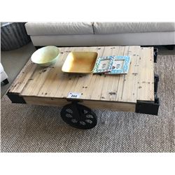 RECLAIMED WOOD INDUSTRIAL CART COCKTAIL TABLE WITH DECOR ITEMS