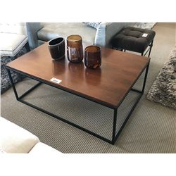 DARK WOOD & BLACK METAL 54' X 34" COCKTAIL TABLE WITH DECOR ITEMS