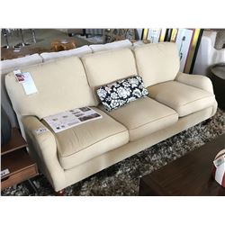 SHERRILL CAMEL FABRIC 3 SEAT SOFA WITH THROW PILLOW