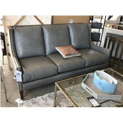 SHERRILL FURNITURE GREY LEATHER STUDDED 3 SEAT SOFA WITH THROW PILLOW