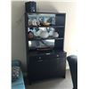 Image 1 : DARK WOOD 2 DRAWER, 2 DOOR MIRROR BACK BAR UNIT WITH DECOR ITEMS