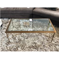 GOLD IRON & GLASS COCKTAIL TABLE WITH A PAIR OF GOLD IRON & GRANITE END TABLES