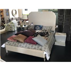 QUEEN SIZED PILLOW BACK FABRIC HEADBOARD BED WITH NIGHT STAND, MATTRESS, BLANKETS & THROW PILLOWS