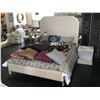 Image 1 : QUEEN SIZED PILLOW BACK FABRIC HEADBOARD BED WITH NIGHT STAND, MATTRESS, BLANKETS & THROW PILLOWS