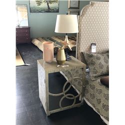 GREY WASHED WOOD SINGLE DOOR NIGHT STAND WITH TABLE LAMP & DECOR ITEMS