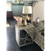 Image 1 : GREY WASHED WOOD SINGLE DOOR NIGHT STAND WITH TABLE LAMP & DECOR ITEMS