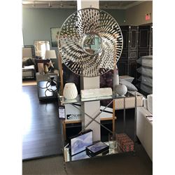 ROUND CHROME WALL MIRROR, CHROME & MIRROR CONSOLE TABLE & ASSORTED DECOR ITEMS