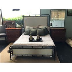 METAL FRAMED STUDDED DOUBLE BED WITH MATTRESS, BEDDING, THROW PILLOWS & DECOR ITEMS