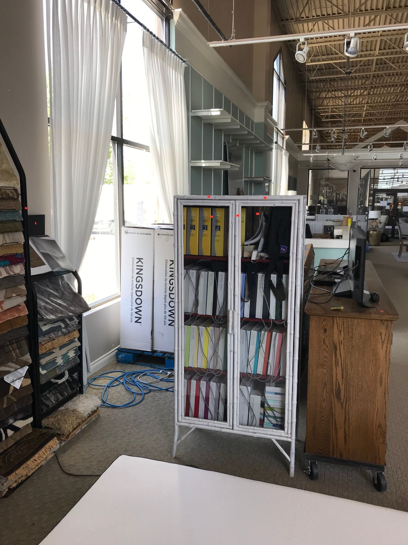 SAMPLE WALL OF RACKING, SHELVING & DISPLAYS WITH ASSORTED FABRIC, WOOD ...