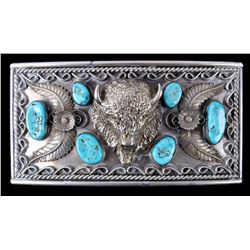 Navajo Large Sterling Buffalo & Turquoise Buckle