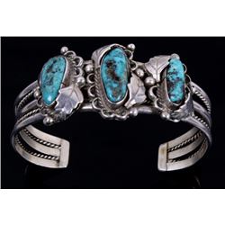 Navajo Signed Silver Floral Kingman Turquoise Cuff