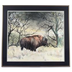 Original Signed Watercolor Buffalo Painting