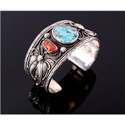 Navajo Sterling Silver Turquoise & Coral Bracelet